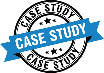 Fototapeta premium Case Study Text on Blue Ribbon Banner with Star in Round Stamp on White