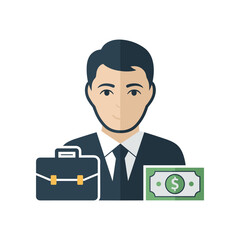Professional man in a suit holding a briefcase and money, symbolizing business success and finance