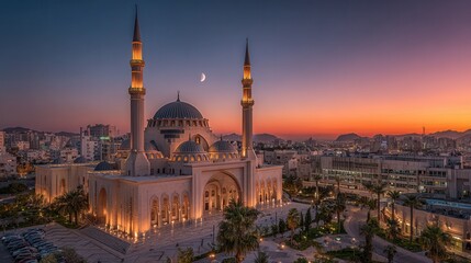 Obraz premium Panoramic view of a mosque at dawn with soft morning light