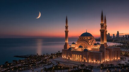 Obraz premium Panoramic view of a mosque at dawn with soft morning light