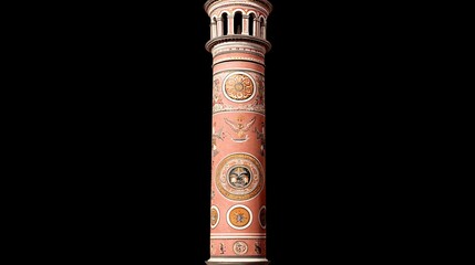 Naklejka premium Pink Ornate Tower with Intricate Floral Detailing Against Black Background
