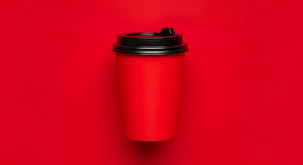 Red disposable coffee cup with black lid on a red background