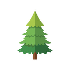 Stylized evergreen tree illustration with vibrant green foliage and a brown trunk on a white background