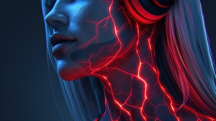 Futuristic Woman with Neon Light Hair and Electric Neural Network Effect