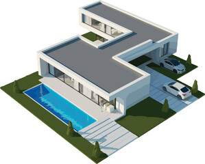 Futuristic modern house with rooftop car parking, infinity pool, luxury design, minimalist architecture, 3D rendering, dream home concept.