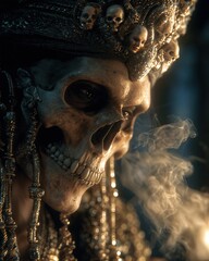 Retrato detallado de un rey esquel&eacute;tico con una corona ornamentada, fumando una pipa en una atm&oacute;sfera de misterio y decadencia.