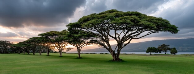 Fototapeta premium Giraffes roam gracefully near towering baobab trees against a stunning orange sky, with elephants visible in the distant landscape