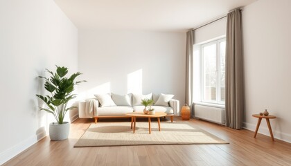 Bright and airy modern living room with comfortable sofa coffee table and large potted plant