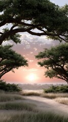 Obraz premium Giraffes roam gracefully near towering baobab trees against a stunning orange sky, with elephants visible in the distant landscape