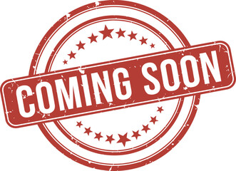 Coming Soon Text on Round Red Distressed Rubber Stamp with Stars on White