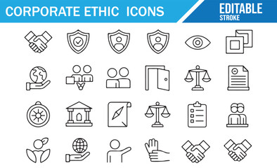 Editable stroke line icons of corporate responsibility and integrity symbols