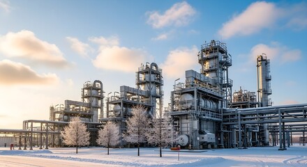 Obraz premium Winter's Embrace Industrial Plant Landscape Under Clear Sky with Snow