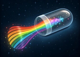 futuristic capsule opening with glowing rainbow ribbons flowing