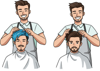 Cartoon Barber Cutting Hair in Before and After Style Scene with Blue and Brown Hair, Scissors, Comb, Apron, and Smile