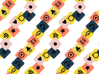 Hand drawn podcast seamless pattern in doodle style. Square icons feature ON AIR, microphone, headphones, play button, star and heart. Pastel color background illustration for audio streaming, radio