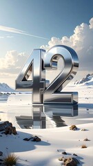 Digitally rendered 3D scene of numbers 42 on a frozen landscape