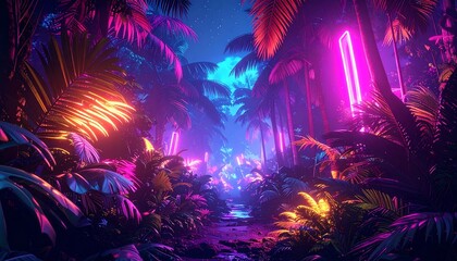 A neon-lit jungle path glows with vibrant pinks, purples, and oranges under a twilight sky, creating an immersive, digital dreamscape
