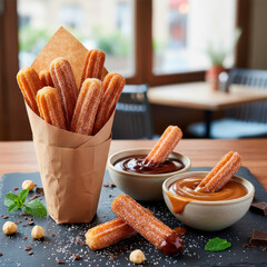 Delicious Churros with Chocolate and Caramel Dipping Sauces