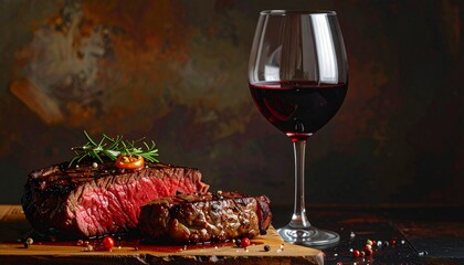 two steaks and a glass of red wine. The steaks are presented on a wooden board, and garnished with rosemary and a tomato slice