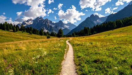 Obraz premium A winding trail through a vibrant alpine meadow leads to majestic, snow-capped mountains under a bright blue sky dotted with fluffy clouds