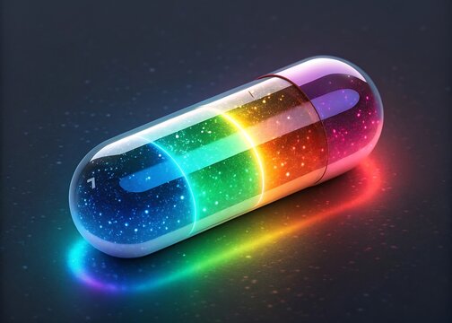 rainbow gradient glowing liquid filled futuristic pill - Powered by Adobe