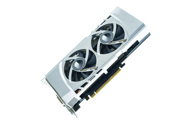 Video card for computer on white background. Computer component for displaying images.