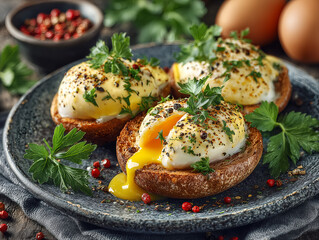 classic eggs benedict with poached eggs