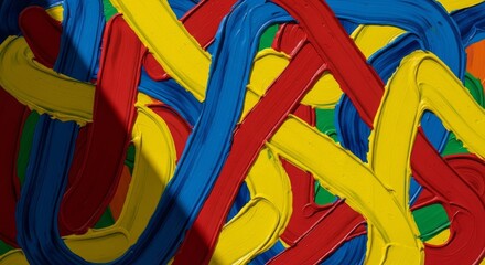 Vibrant and Dynamic Abstract Painting with Intertwining Primary Colors and Textured Brushstrokes, Creating a Visually Engaging Artistic Concept