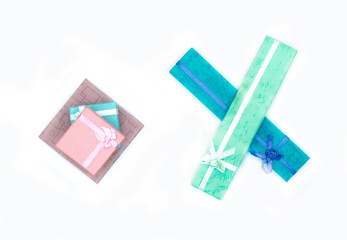 Several bright gift boxes on white background. Birthday or Christmas, anniversary or holiday gift
