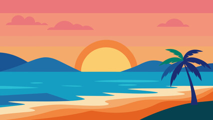 Tropical island beach scene with palm trees and a turquoise ocean under a summer sky