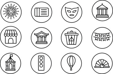 A versatile collection of modern thin line icons depicting city life, entertainment, and cultural events. This vector set includes symbols for festivals, public services, and travel