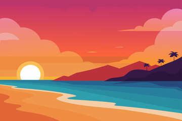 Orange clouds and a beautiful sunset reflect on the calm evening sea