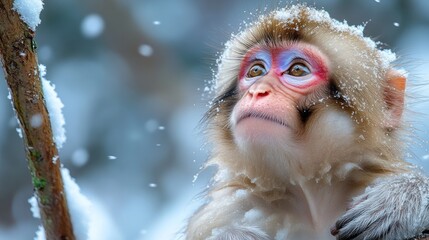 Snow monkey looking up in winter