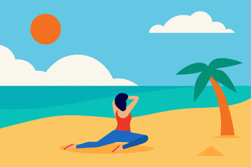 A relaxed woman enjoys her tropical vacation on a sunny paradise island beach with a palm tree