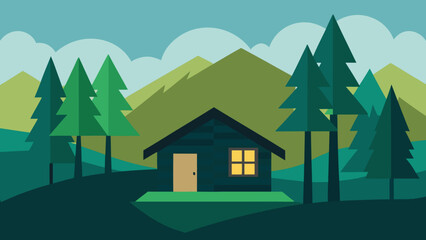 A cartoon vector illustration of a peaceful cottage home nestled in a mountain village with a clear sky
