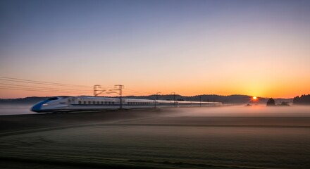 Sunrise Express High-Speed Train Journey Through a Misty Landscape