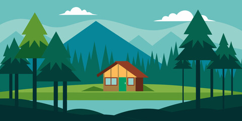 An inviting cartoon illustration of a summer rural landscape with a village nestled among green hills, mountains, and trees under a clear blue sky