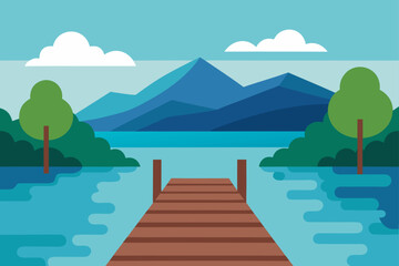 Vector illustration of a scenic mountain landscape with a lake, clouds, and a clear blue sky
