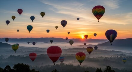Obraz premium Vibrant hot air balloons gracefully ascend over a serene, misty valley during a breathtaking sunrise, creating a picturesque and colorful aerial spectacle