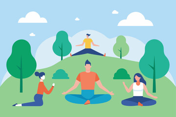 Cartoon vector illustration of a woman doing yoga in the lotus position on the beach