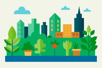 A vector illustration of a green city landscape with eco-friendly buildings and lush trees