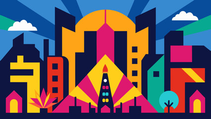 A colorful cartoon illustration of a bustling urban street with a whimsical skyline and distinctive architecture