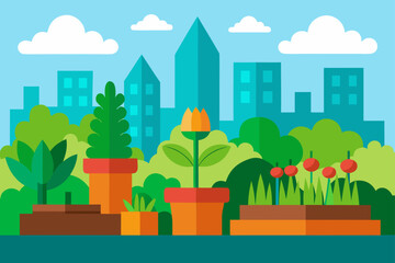 Vector illustration of a green urban cityscape with various buildings, trees, and a bright sky