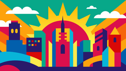 Colorful vector illustration of a cute urban cityscape with a peaceful summer skyline