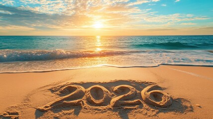 Celebrating the new year on the beach at sunset with 2026 written in the sand