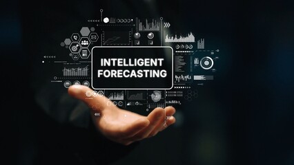 Futuristic Hand Holding Smart Data Display on Intelligent Forecasting for Business and Technology Innovations. Asymptotic smart data analytic.
