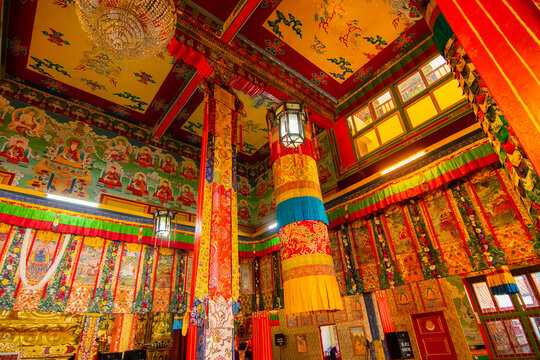 Buddhist thangka - a Tibetan Buddhist painting on cotton, or silk applique - in a monastery in Ralong, Sikkim, India. Image shot with permission.