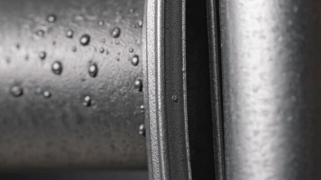 Closeup of Water Droplets on Metal Pipe Surface with Detailed Texture and Moisture Highlighting Industrial Materials in a Studio Setting