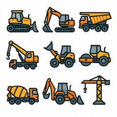 Set of heavy construction equipment icons: excavator, crane, bulldozer, and more