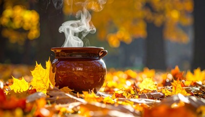 Autumnal steaming pot in park